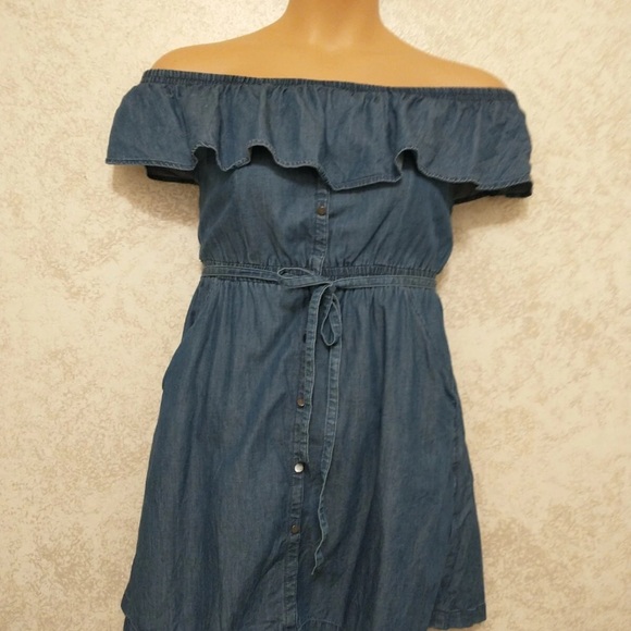 Express Faux Denim Off-Shoulder Ruffle Dress - Picture 1 of 12